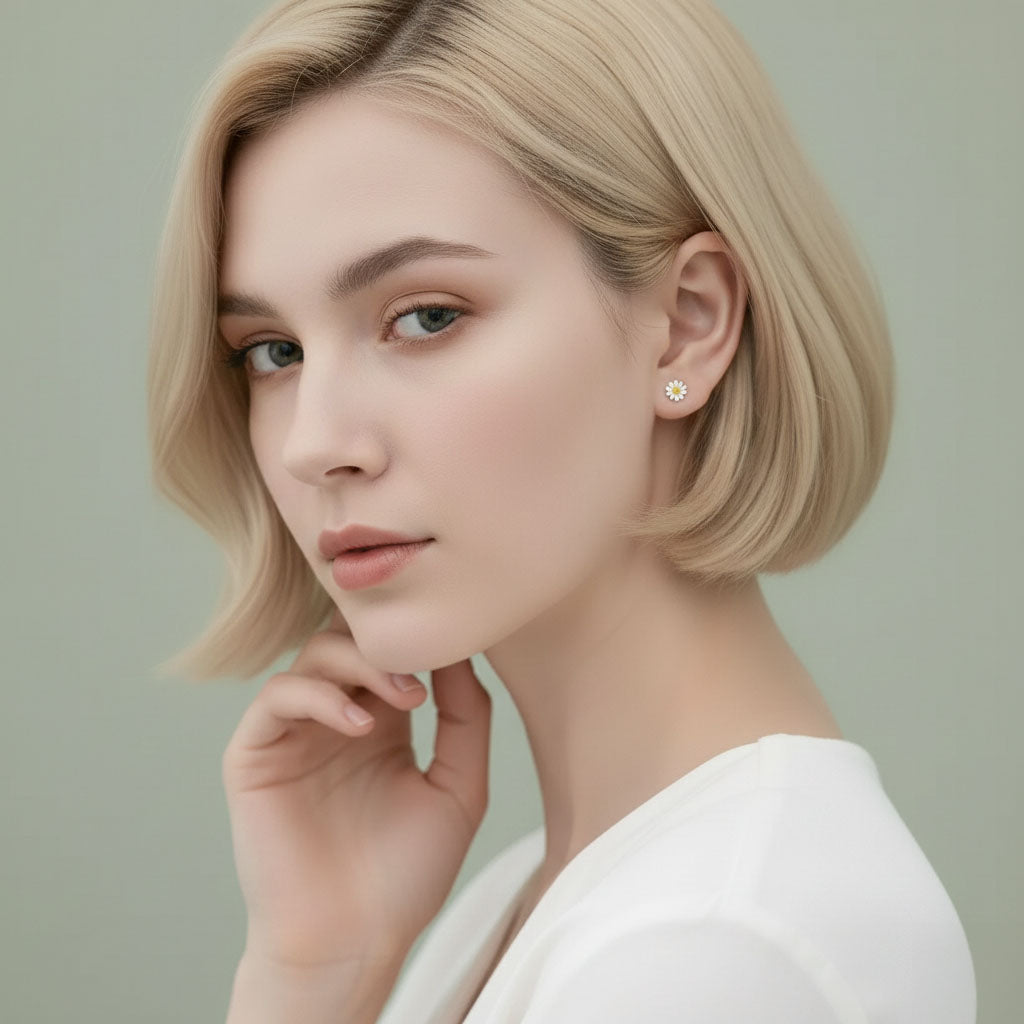 Daisy Flower – Stud oorbellen met madeliefjes-design en ronde schroef-bakstukken